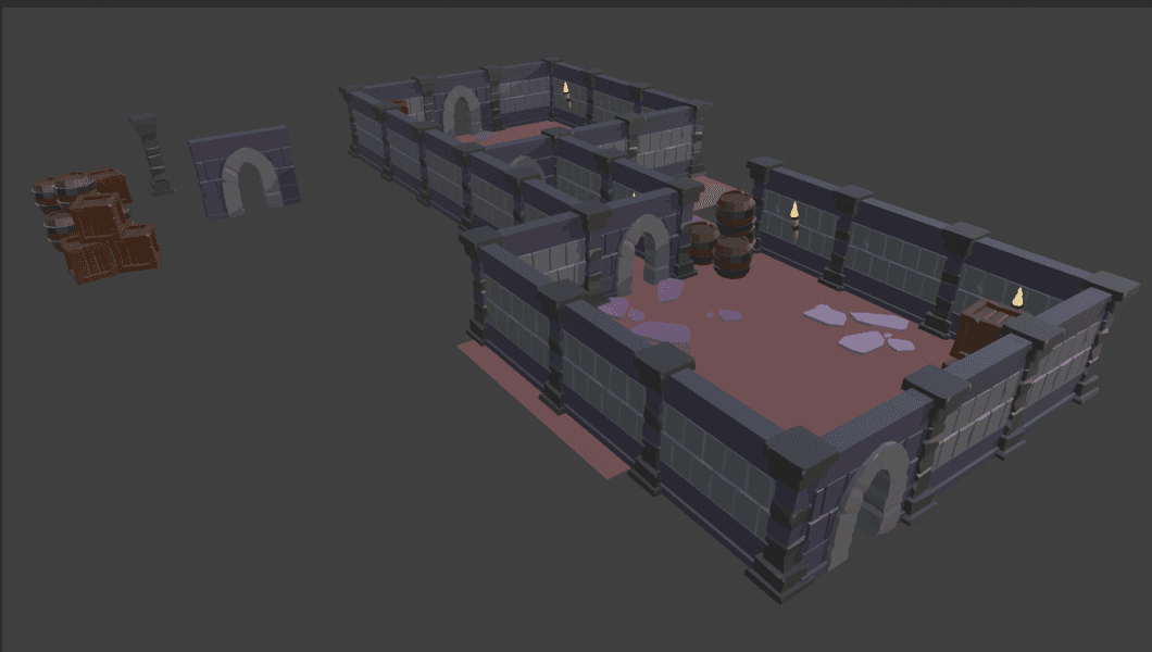 Dungeon modulare low poly visto dall'alto, con pareti in pietra viola, archi, barili, casse e torce accese