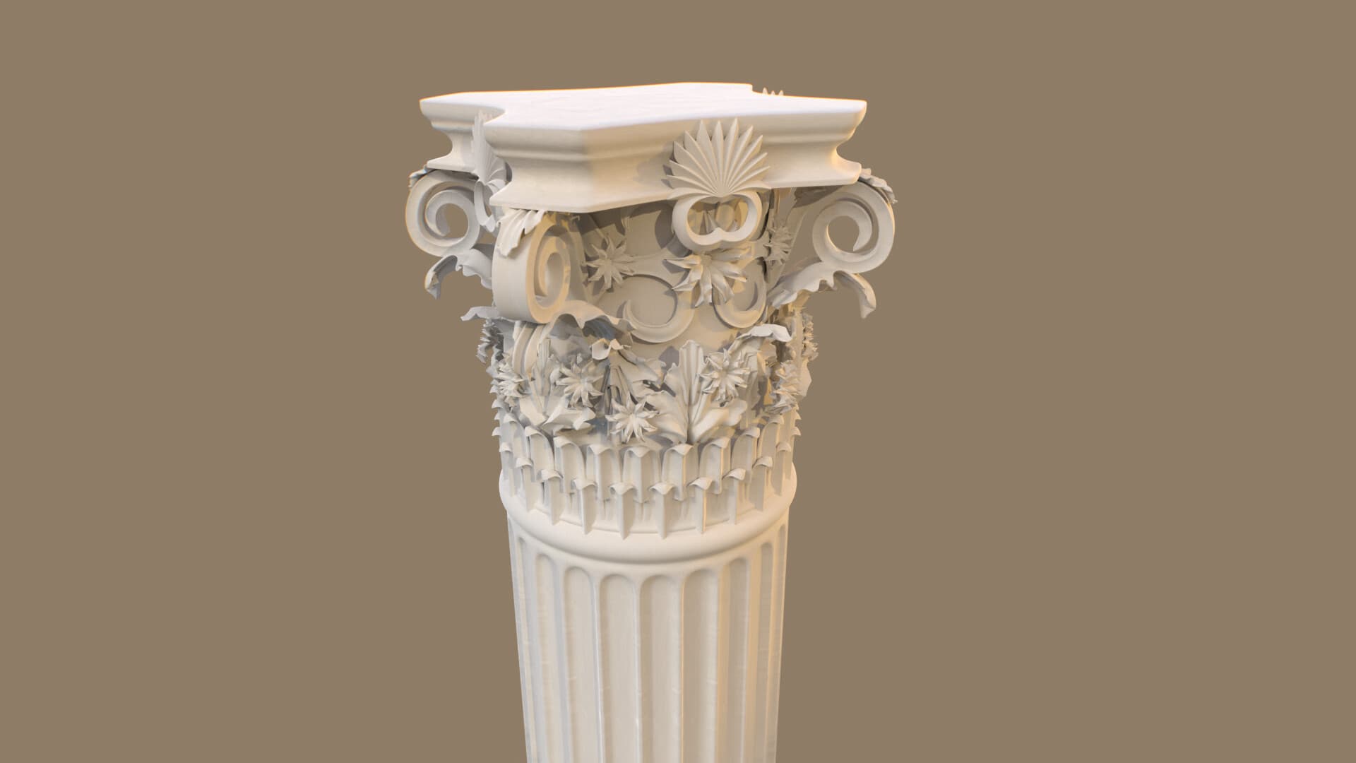 Capitello di una colonna classica modellato in 3D, ricco di volute, foglie d'acanto, fiori e scanalature, su fondo marrone chiaro