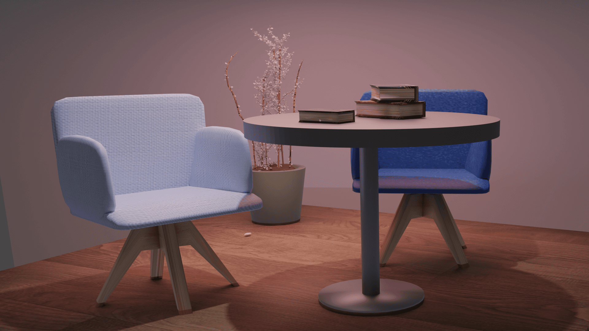 Render 3D di un angolo ufficio: due poltroncine imbottite, una azzurra e una blu, un tavolino rotondo con dei libri e una pianta in vaso su un pavimento in parquet