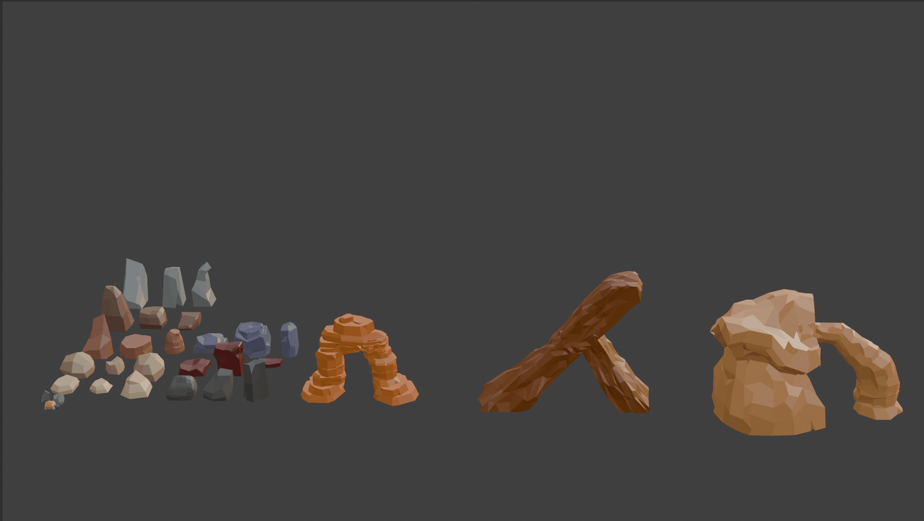 Set di rocce low poly di forme, dimensioni e colori diversi, tra cui un arco di roccia e grandi formazioni rocciose, visto di fronte